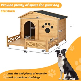 P PURLOVE Outdoor Dog House with Porch,Wood Dog Kennel with Water-Resistant Asphalt Roof,Dog Crate Pets Home for Indoor & Outdoor