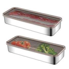 2 Pack Bacon Container for Refrigerator, 304 Stainless Steel Airtight Deli Meat Storage Containers for Fridge Dishwasher Safe Long Kitchen Food Storage Containers with Lids (26.5*10*4.6cm)