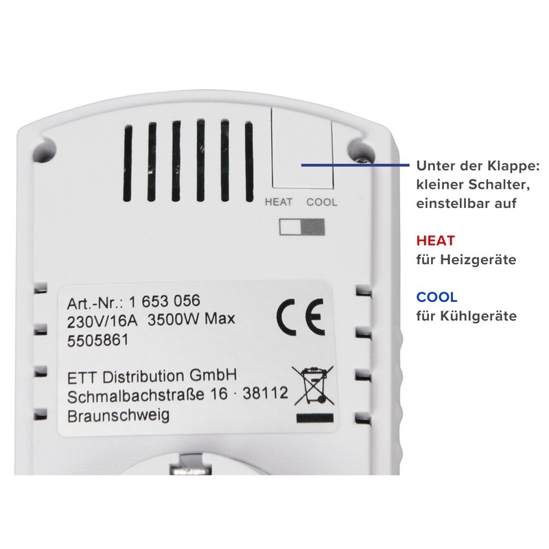 MC Power Socket Thermostat Climate Control TCU-330 5-30 °C, Max.