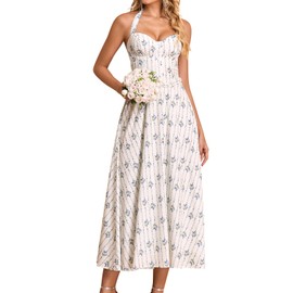 XinFSh Summer Floral Halter Corset Midi Dress Flowy A Line Wedding Guest Tea Party Dresses for Women Sundress 2025 Bluefloral
