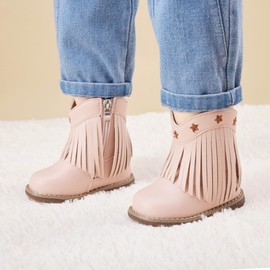 BMCiTYBM - Botas vaqueras para bebés vaqueros, zapatos occidentales para niños y niñas, botas de punta redonda para todas las estaciones, 6-24 meses, Borlas-rosa, 6-12 Months Infant