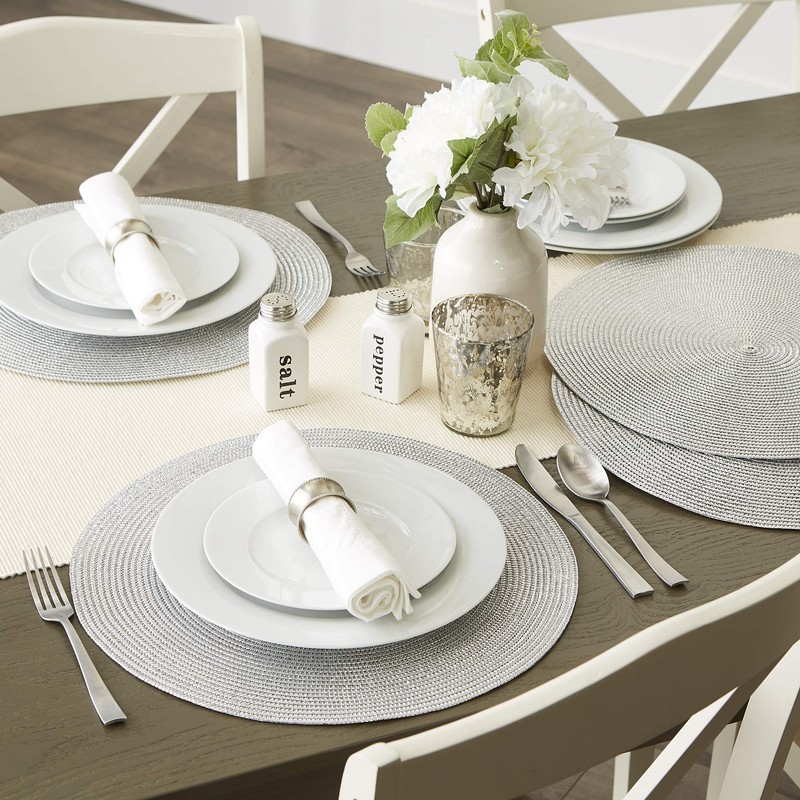 DII Woven Placemats Collection Metallic Round Placemat Set, 15", Silver,