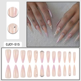 Long Press on Nails Stiletto Fake Nails French False Nails Nude Artificial Nails with 3D Flowers Designs Fall Acrylic Nails Press ons Glitter Stick on Nails for Women 24pcs