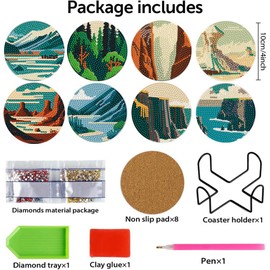 DOTZSO 8 Pcs Diamond Art Coasters Kit with Holder, Diamond Art Kits for Adults Beginners Small Diamond Painting Coasters, Arts and Crafts for Adults Supplies Item Sets (Landscape)