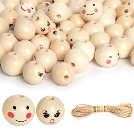 60PCS Wooden Beads with String,Natural Wood Beads Loose Beads with Face,2 Styles Wooden Smiley Beads Set for Chiristmas Tree Wreath DIY Key Chain Angel Craft Jewelry Making(30pcs 20mm 30pcs 18mm)