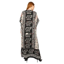 Art Of Creation Ladies Long Kaftans Kimono Maxi Style Dresses for Women in Regular to Free Size Cover up with Adjustable Strap (Elephant Print - Black)