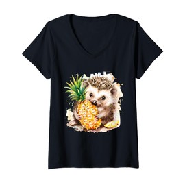 Womens Pineapple Hedgehog Watercolor Artwork Drawing Wildlife V-Neck T-Shirt