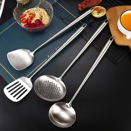 304 Stainless Steel Cooking Utensils Set, 4-Pieces 17inch Extra Long, Metal Heat Resistant Handle, Skimmer, Soup Ladle, Slotted Turner,Spatula