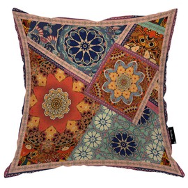 Beabes Flowers Mandalas Throw Pillowcase Vintage Square Patchwork Pattern in Ethnic Style with Floral Warm Throw Cushion Covers for Men Women Boys Girls Home Decor Cotton Linen 16x16 Inch