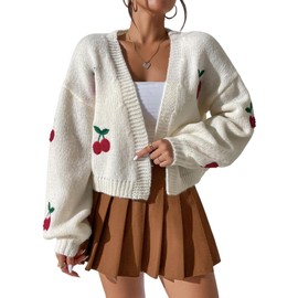 GORGLITTER Women's Graphic Cherry Cardigan Open Front Cable Knit Lantern Sleeve Cropped Cardigan Sweater Beige Small