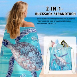 LXTOPN Microfibre Beach Towel - 160 x 80 cm Beach Towel with Storage, Quick Drying Sandproof Bath Towel, Beach Towel, Ideal for Travel, Pool and Camping (Blue Turtle, 80 x 160 cm)