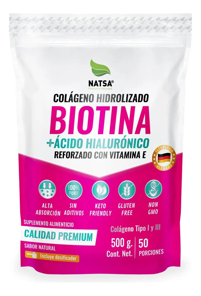 NATSA Biotina  Colageno  Acido Hialurónico y Vitamina E Polvo 500 g, Cabello, Piel y Uñas, Calidad Premium