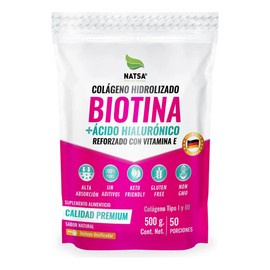 NATSA Biotina  Colageno  Acido Hialurónico y Vitamina E Polvo 500 g, Cabello, Piel y Uñas, Calidad Premium