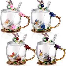 Nuanchu Nuanchu 4 Sets Flower Glass Tea Cups with Lids and Spoon Butterfly Vintage Glass Coffee Mugs Floral Fancy Clear Teacup for Mother's Day Women Mom Wife Girlfriend(Pink, Purple, Blue, Red,11 Oz,12 oz)