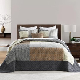 Bedduvit 100% Cotton 120"x128" Extra Large Quilt Set, Lightweight Oversized California King Bedspread, 3 Pieces Comforter Bedding Set Farmhouse Patchwork Plaid Coverlet Set, Brown/Beige/Charcoal Gray