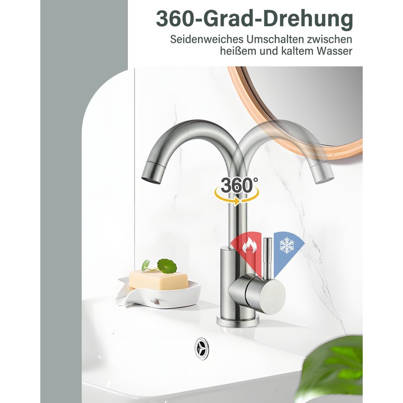 Hbronzeshower Bathroom Tap, 360° Swivel, Single-Lever Basin Mixer Tap (Brushed)