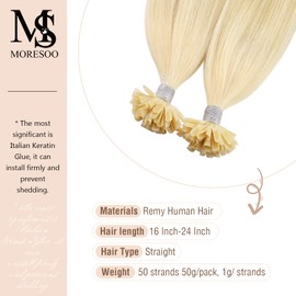 Moresoo Keratin Hair Extensions Real Hair 18 Inch Utip Hair Extensions Human Hair Color #613 Bleach Blonde U Tip Hair Remy Hair Extensions Pre Bonded Hair Extensions 50S 50G