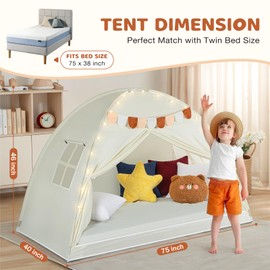 YCDTMY Twin Size Bed Tents Indoor with Stars Lights & Flags, Large Kids Tent Portable & Foldable, Toddler Bed Tent for Boys Girls, Breathable Blackout Privacy Space Sleeping Tents, Beige