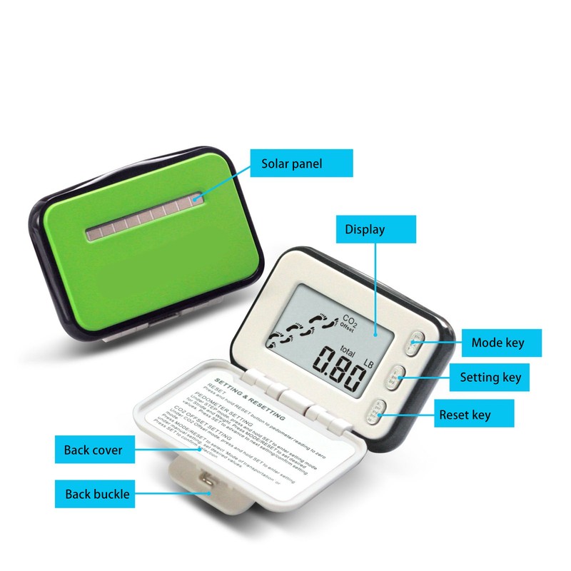 Walking Pedometer Green Solar Battery Powered Distance Calorie Counter Electronic