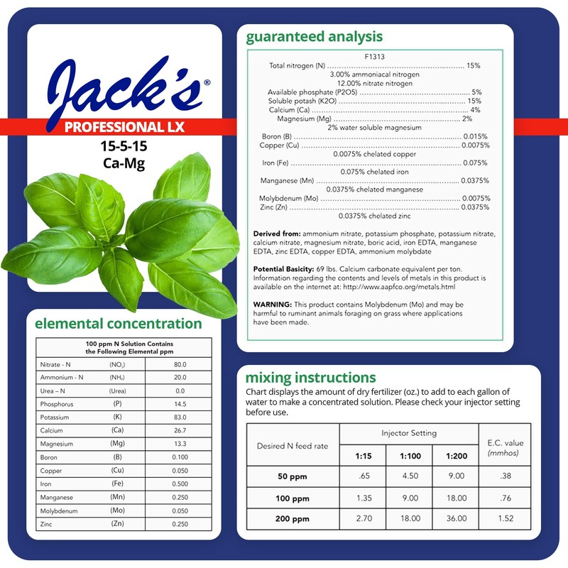 Jack's Professional 15-5-15 CA-MG LX Comprehensive Water-Soluble Fertilizer for Growth