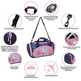Horse Pony Shoulder Bag Sports Bag for Girls Children Travel Bag – 35 x 22 x 18.5 cm, Blue/Pink, Volume Approx. 14.2 Litres, Sports Bag 1