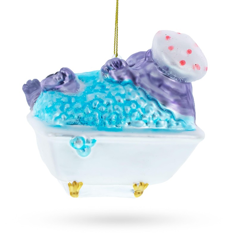 Hippo Taking Bath Blown Glass Christmas Ornament