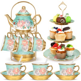 Suttmin 21 Pcs Ceramic Teapot Set Vintage Porcelain Tea Cups with Metal Holder and High Tier Cupcake Stand Saucers for Women Girls Farmhouse European Weddings Party Decor Gifts(Green,Summer)