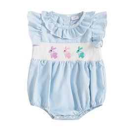 Filgriox Newborn Baby Girl Smocked Romper Embroidery Peter Pan Collar Ruffle Sleeve Bubble Bodysuit Easter Outfit (Blue, 12-18 Months)