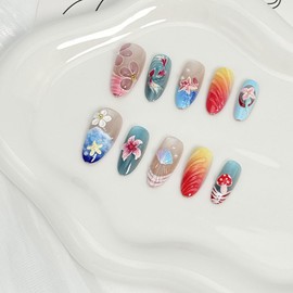 BQZQPAMZ 10Pcs Flower Press on Nails Medium Almond Shape Shell Starfish Fake Nails with Pearl Mushroom Stick on Nails Full Cover Acrylic Nails for Women Summer French Beach Nail Art Supplies