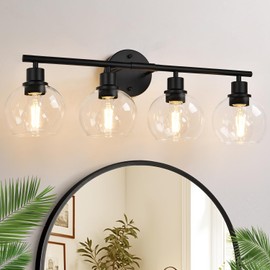 Indoi 2025 Upgrade 3-Light Bathroom Light Fixtures, Black Bathroom Lights Over Mirror with Clear Glass Globe Shade, Vanity Lights for Bathroom Kitchen Living Room Hallway Cabinet Bedroom Porch.