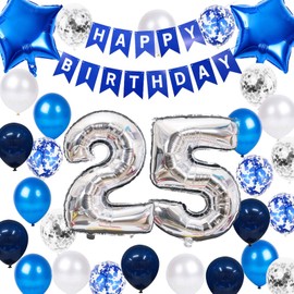 25th Birthday Party Decoration Blue for Him, Happy Birthday Banner Blue Number 25 Birthday Star Foil Balloons Latex Confetti Balloons for Men Him 25 Years Old Birthday Supplies(25th )
