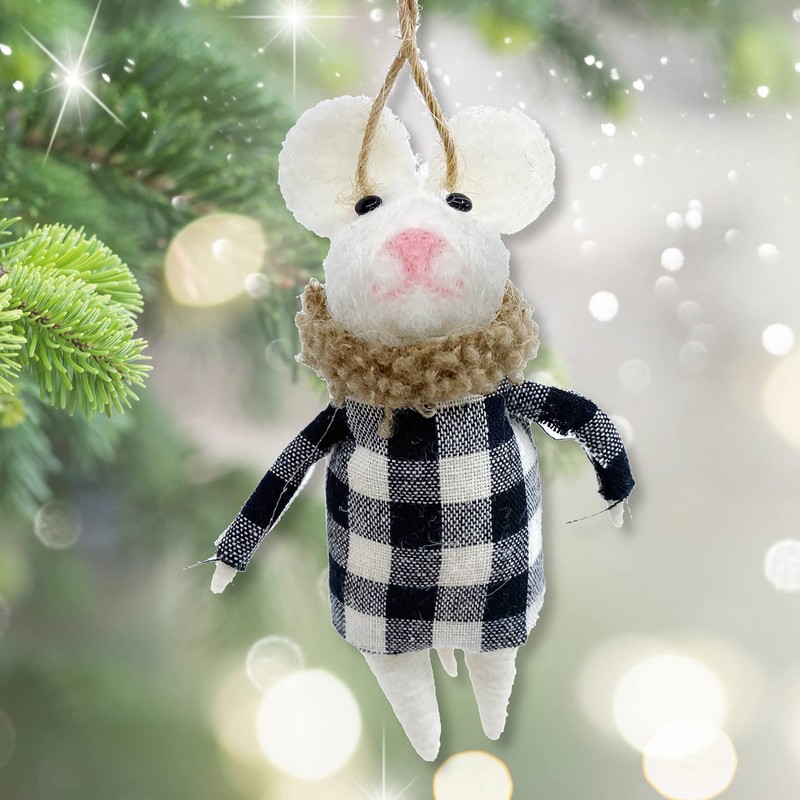 White Mouse Ornament - Wool Decoration for Christmas Tree, Black