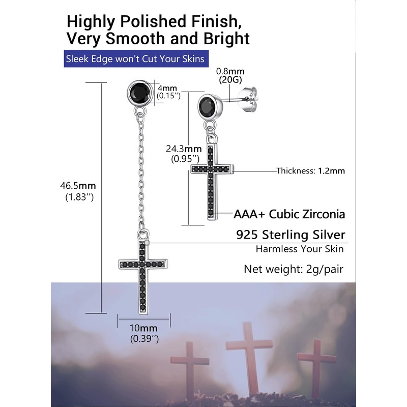 PROSILVER Asymmetric 925 Silver Cross Stud Earrings with Cubic Zirconia,