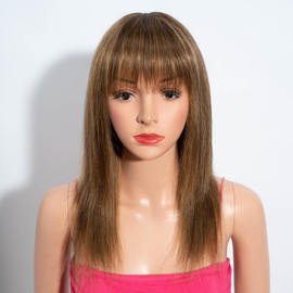 Rebecca Fashion 14 Inch Straight Wigs with Bangs Human Hair Wigs for Black Women None Lace Front Wigs 10A Brazilian Virgin Hair Glueless Machine Made Wig Highlight Blonde Color