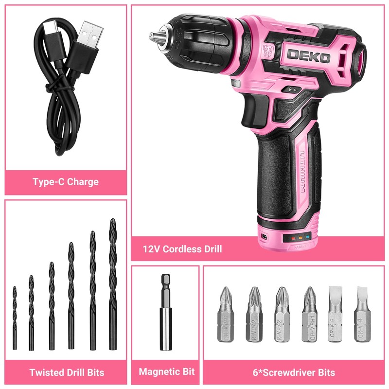 Cordless Drill：DEKOPRO 12V Power Drill Set with Pink 800RPM Electric