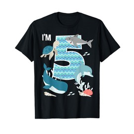 Kids 5 Year Old Ocean Life Whale Dolphin Shark 5th Birthday T-Shirt