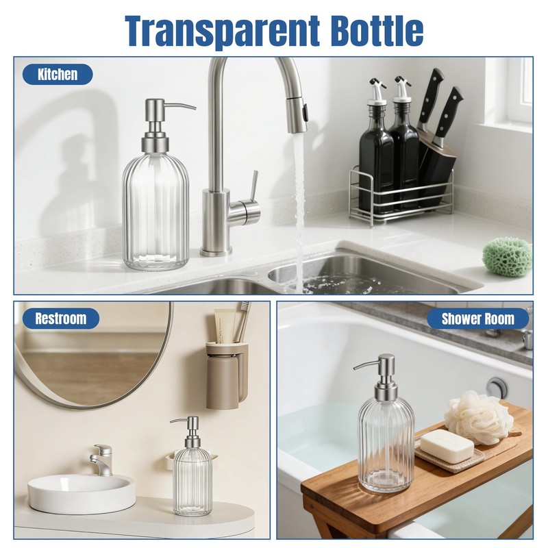 1PCS Glass Soap Dispenser with 304 Rust Proof Stainless Steel