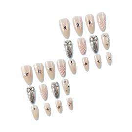 MERVF Almond Press on Nails Long Fake Nails Pink French Tip Glue on Nails Y2k Star Press ons Glitter Stiletto Acrylic Nails with 3D Sliver Bow Design 24pcs Glossy