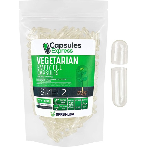 XPRS Nutra Size 2 Empty Capsules - Clear Empty Vegan Capsules - Capsules Express Vegetarian Empty Pill Capsules- DIY Vegetable Capsule Filling- Veggie Pill Capsules Empty Caps Pills (100)