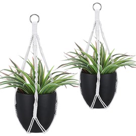 Wanmu Macrame Plant Hanger, 2 Pcs Boho Indoor Hanging Planter Basket, Decorative Braided Cotton Flower Pot Holder No Tassels with Metal Hook Rings for Indoor Outdoor Home Decor, Beige, 20 Inchs