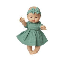 Heless 1424 Doll Clothes Made of 100% Organic Cotton, 2-Piece Set with Dress and Headband in Sage Green for Dolls and Cuddly Toys Size 28-35 cm