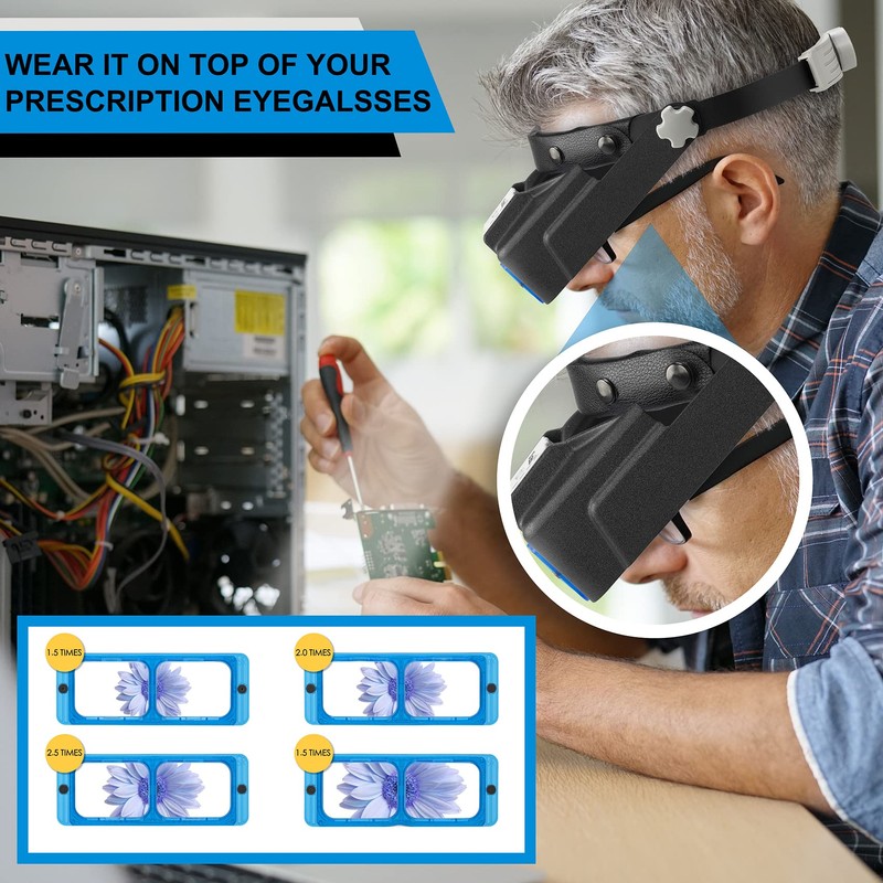 Dilzekui Headband Magnifier with LED Light, Rechargeable Head Mount Magnifier