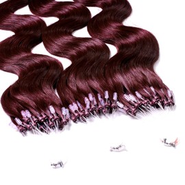 hair2heart Micro-Ring Extensions Real Hair Wavy - 25 Strands 0.5 g 40 cm 55/65 Light Brown Intense Violet/Mahogany