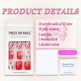 Christmas Press on Nails Short Square MABKJLF Winter Fake Nails False Nails with Designs Snowflake Reindeer Red & White Glossy Glue on Nails Xmas Acrylic Nails for Women Girls 24 Pcs