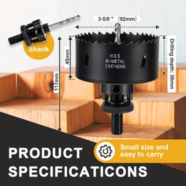 92 mm Hole Saw for Metal and Wood, HSS Bi-Metal Hole Drill Round Hole Cutter with 40 mm Cutting Depth, for Steel, Iron, Aluminium, Ceilings, Drywall and Plasterboard