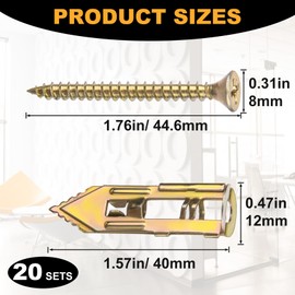 Mxxipp 20pcs Self-Drilling Drywall Anchors with Screw, Zinc Plated Steel Drywall Anchors and Screws Kit, Heavy Duty No Drill Dry Wall Expansion Screw for Hanging Frames Wall Lamps Curtains- Gold