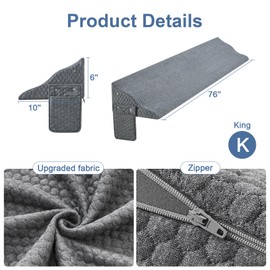 Yojoker King Size Bed Wedge Pillow for Headboard Gap, Wedge Pillow Headboard with Side Pockets and Wave Contour, High-Density Foam Bed Gap Filler (0-6"), 76x10x6 Inch, Gray
