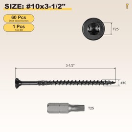 METALLIXITY Deck Screws (#10x3-1/2) 60Pcs, Carbon Steel Wood Screw Decking Screws with T25 Torx Drive Head - for Wood Fence, Table, Chairs, Black