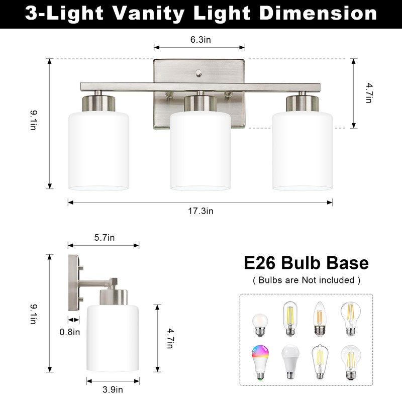 FonmYim Brushed Nickel Bathroom Light Fixtures, 3-Light Modern Vanity Light