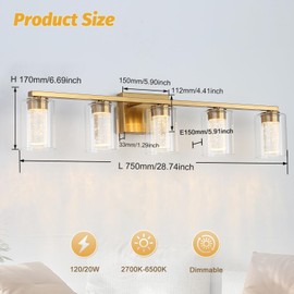 FILIMITIY 5-Light Gold Bathroom Vanity Light Fixture, Dimmable 5CCT Brushed Brass Bathroom Lights, 2700K-6500K Modern LED Wall Sconce Over Mirror with Clear Glass and Crystal Bubble